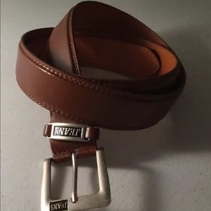 🟢JEANS Men’s Belt Brown Leather Silver Buckle